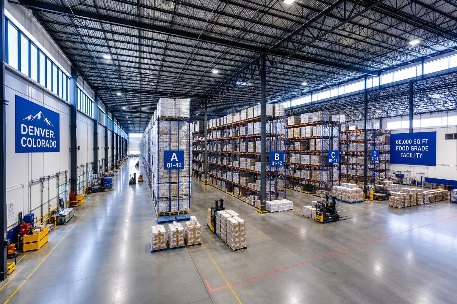 Wide interior view of the 60,000+ sq ft Denver Express warehouse with tall racking and forklifts